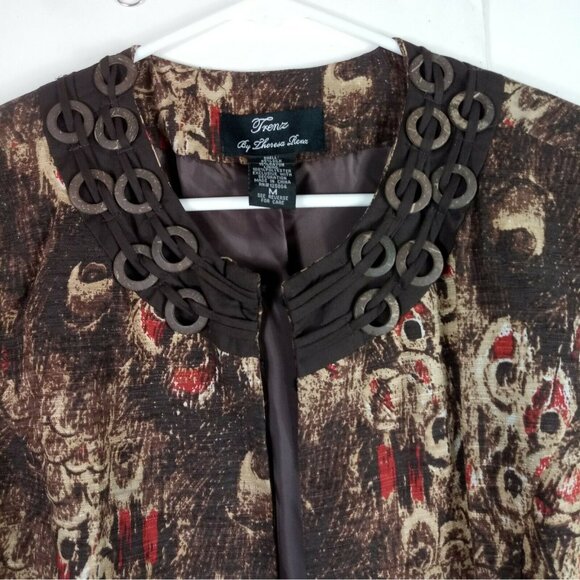Vintage Art to Wear Silk Blazer Womens M Brown Abstract Metallic Trim Boho 90s - Picture 2 of 8